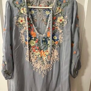 Johnny Was Floral Embroidered Blue Blouse